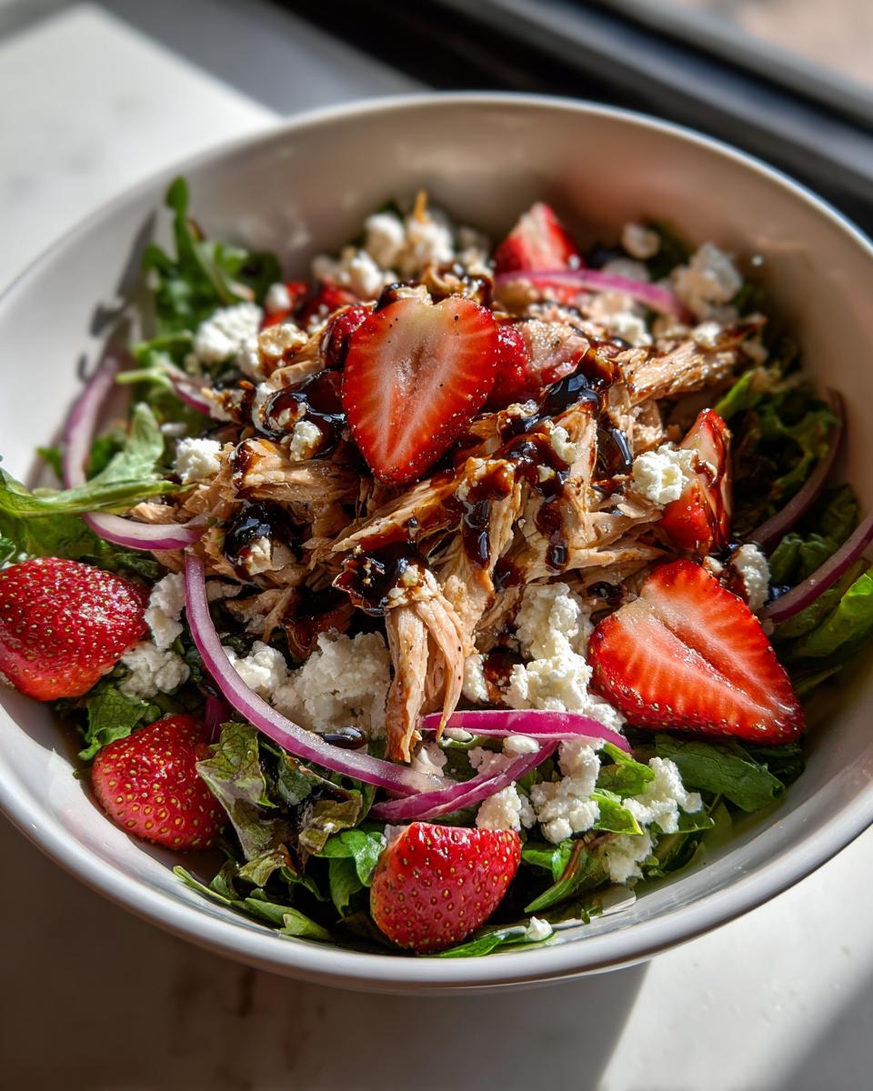Bowl of strawberry chicken salad recipe with greens, shredded chicken, strawberries, red onions, and cheese.