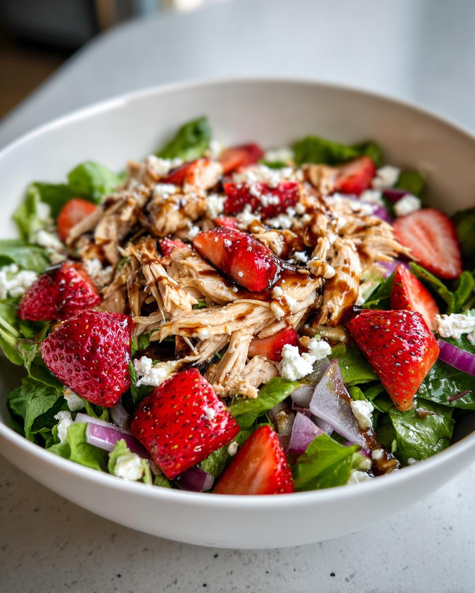 Strawberry chicken salad recipe with shredded chicken, strawberries, greens, red onions, and cheese.