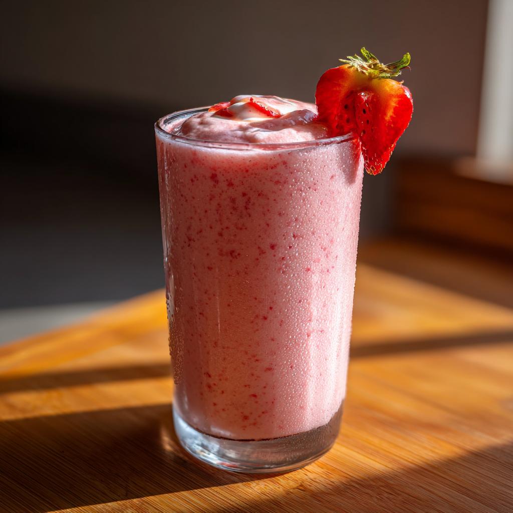 Glass of pink strawberry date smoothie with yogurt topped with a sliced strawberry