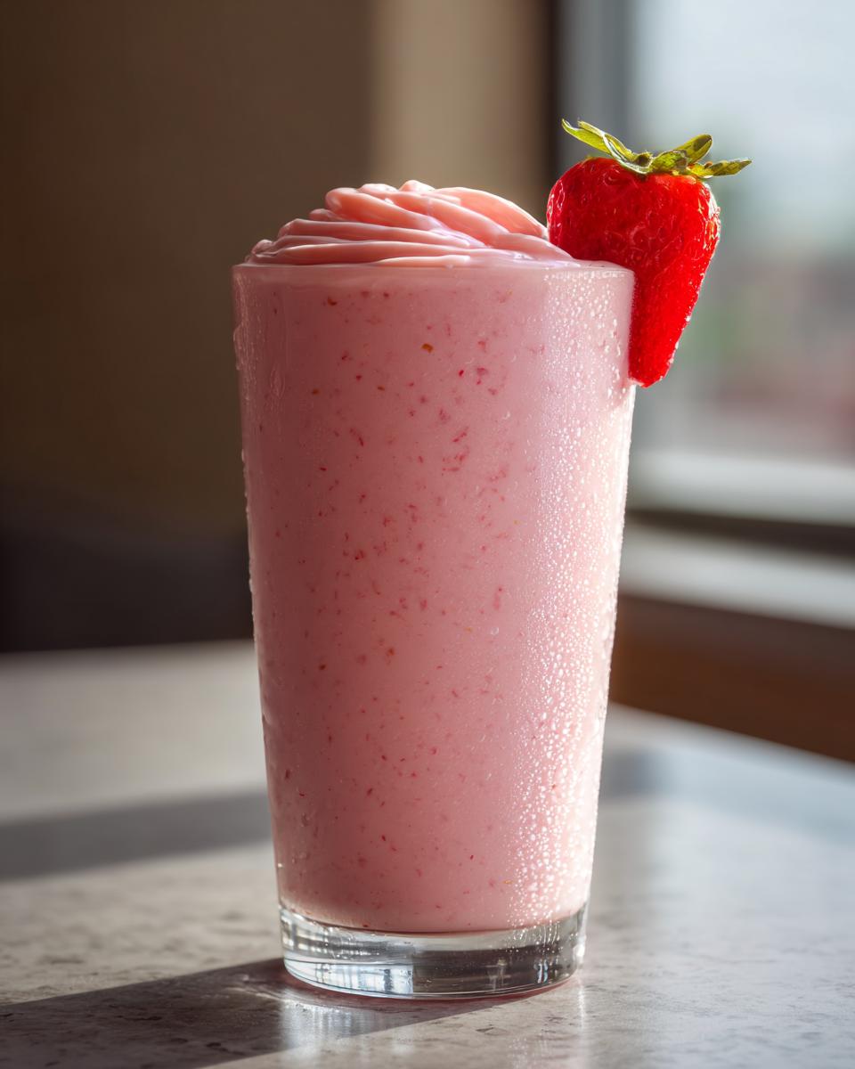Glass of pink strawberry date smoothie with yogurt iftar topped with whipped cream and a fresh strawberry