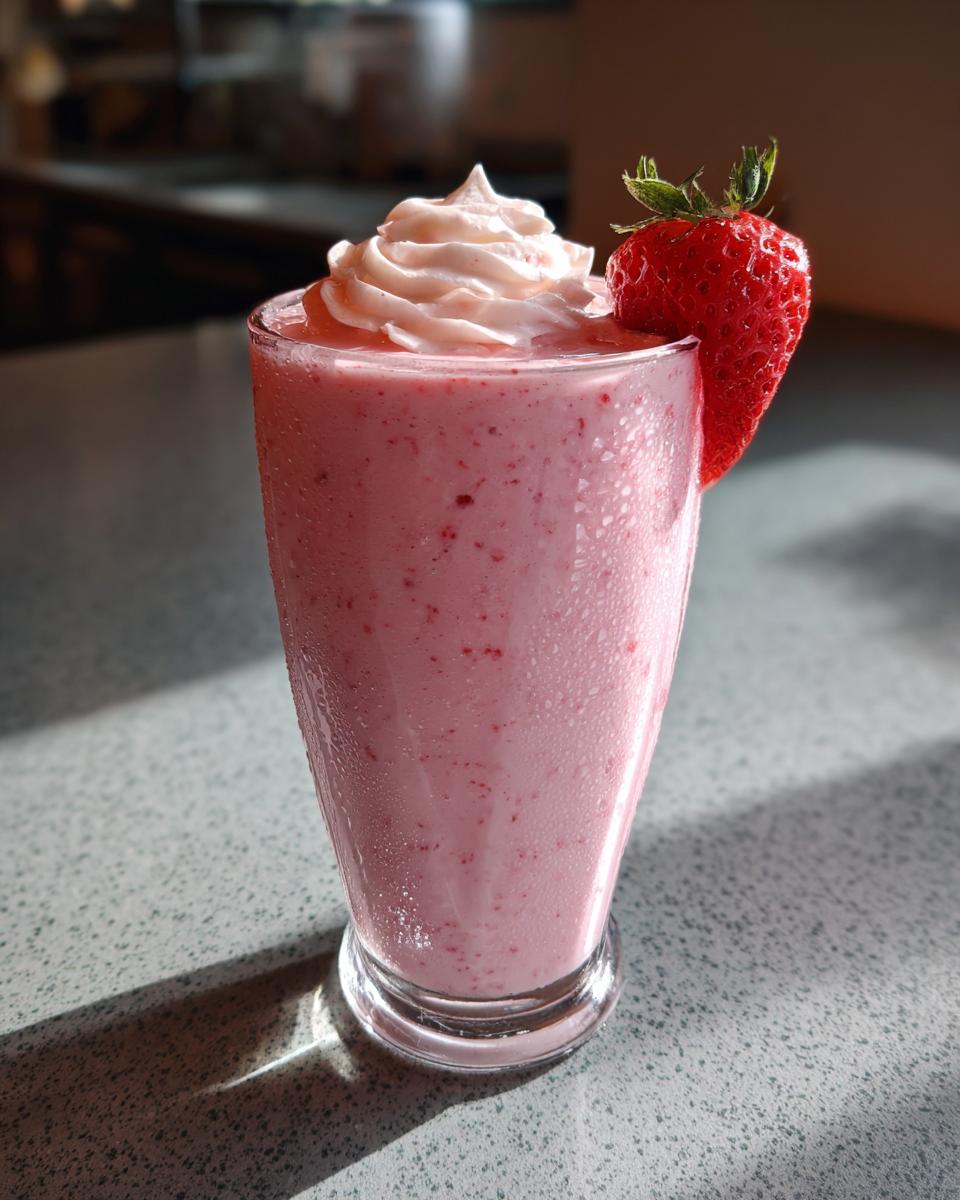 Glass of strawberry date smoothie with yogurt iftar topped with whipped cream and a fresh strawberry