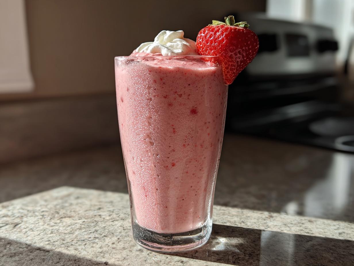 Glass of strawberry date smoothie with yogurt iftar topped with whipped cream and a fresh strawberry