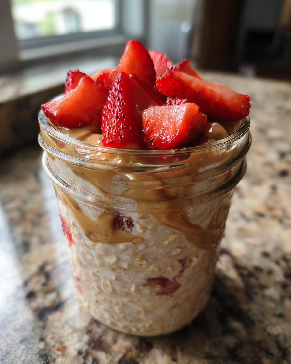 Jar of strawberry peanut butter overnight oats topped with fresh strawberry slices