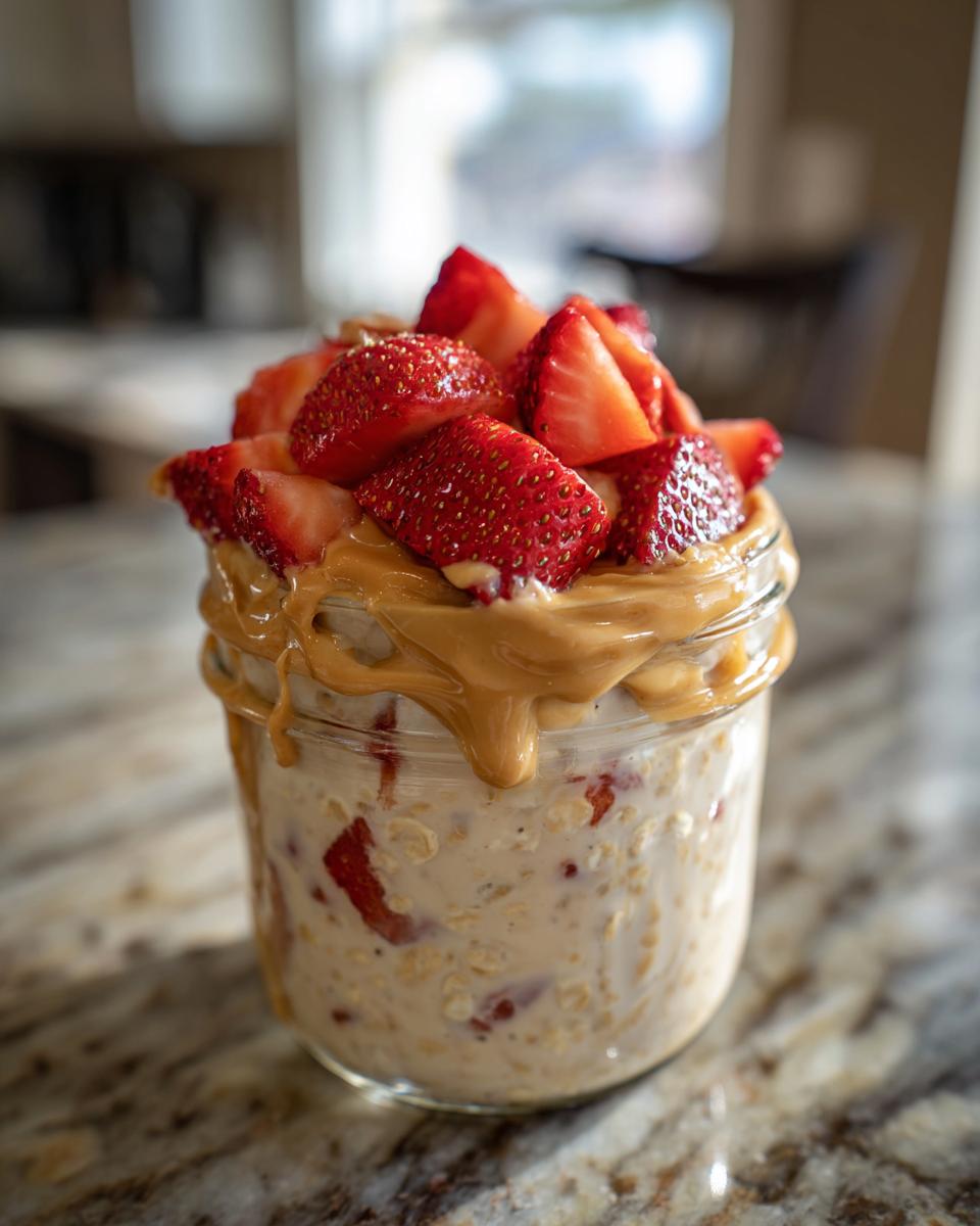 Jar of strawberry peanut butter overnight oats topped with fresh strawberries and peanut butter drizzle