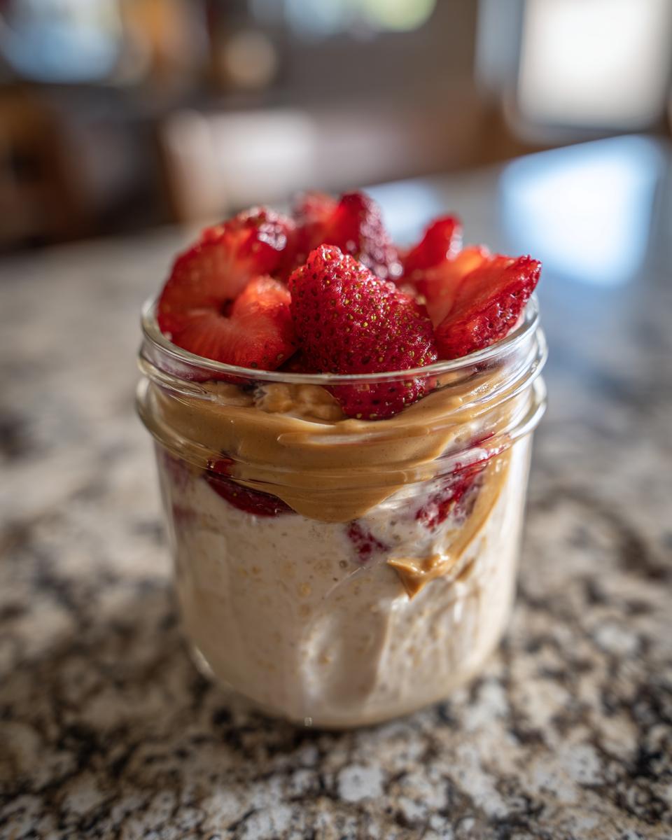 Jar of strawberry peanut butter overnight oats topped with fresh strawberry slices