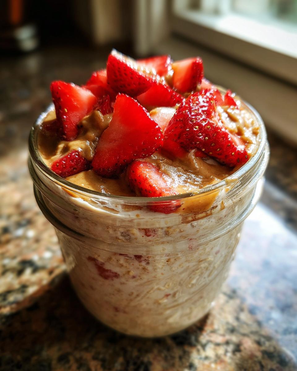 Jar filled with strawberry peanut butter overnight oats topped with fresh strawberry slices.