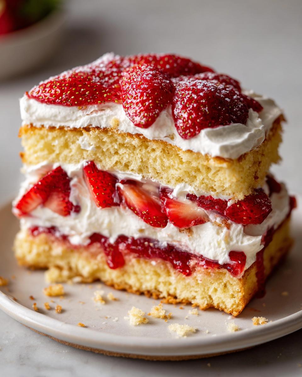 Close-up of a strawberry shortcake slice with whipped cream and fresh strawberries