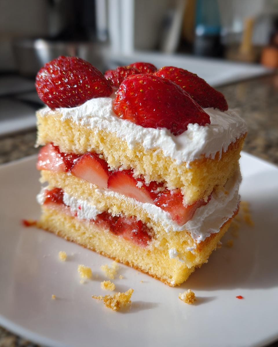 Slice of strawberry shortcake with whipped cream and fresh strawberries on a white plate.
