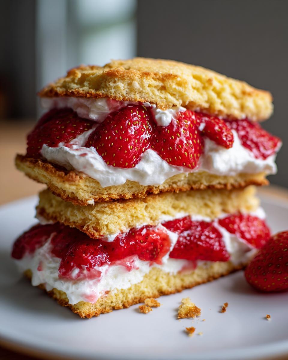 Close-up of strawberry shortcake with whipped cream and fresh strawberries on a white plate
