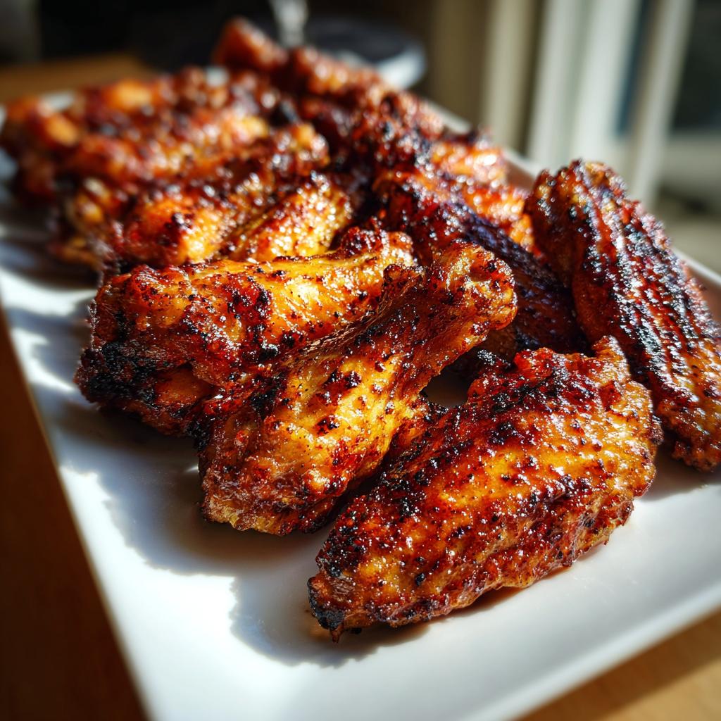 Close-up of crispy, golden-brown super bowl baked chicken wing platter on a white plate.