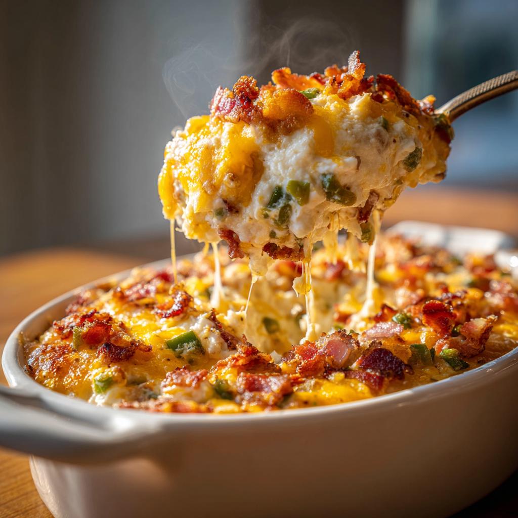 Spoon lifting cheesy super bowl jalapeno popper dip with bacon from a white baking dish