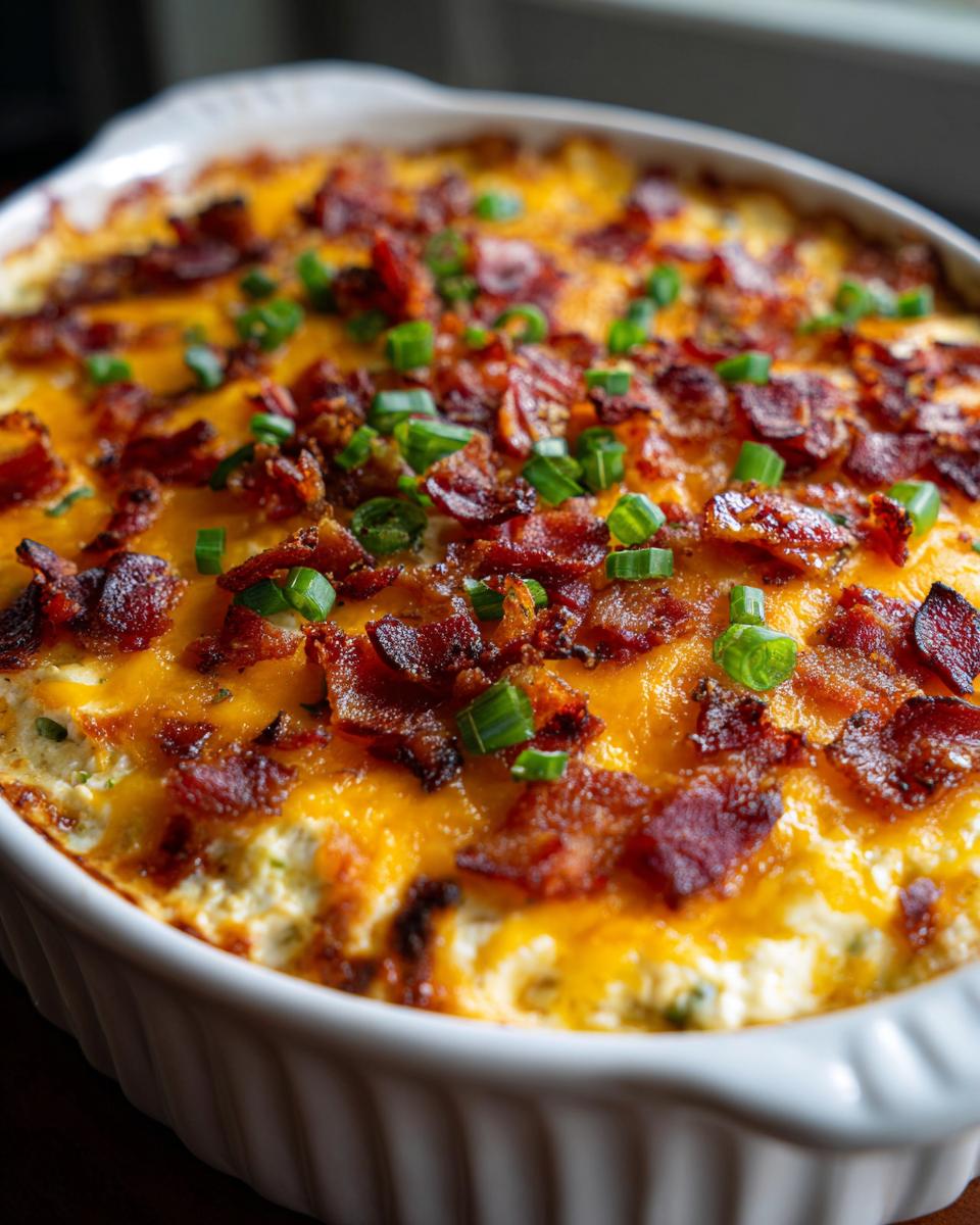 Close-up of super bowl jalapeno popper dip with bacon topped with melted cheese and chopped green onions.