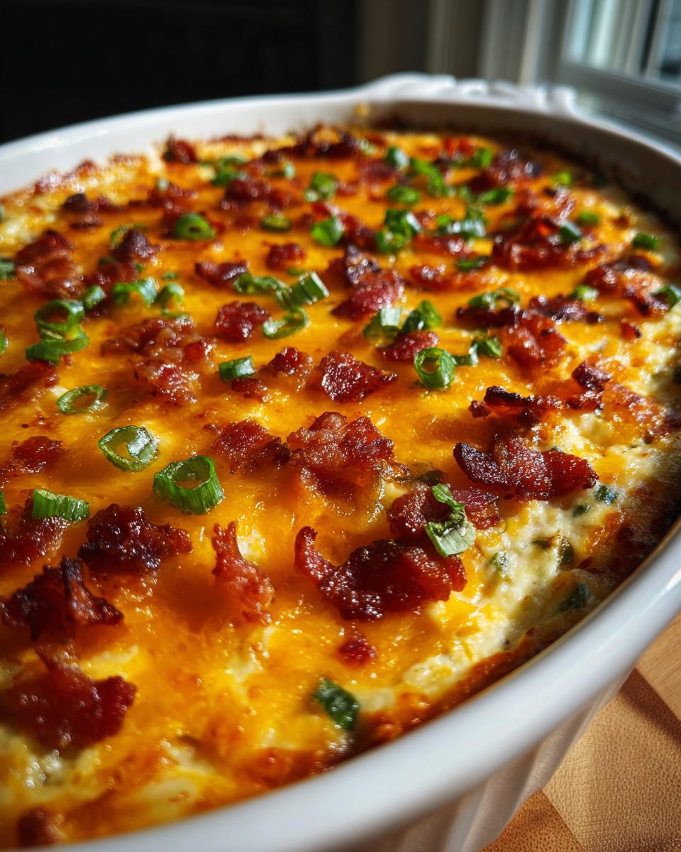 Close-up of super bowl jalapeno popper dip with bacon topped with melted cheese and chopped green onions
