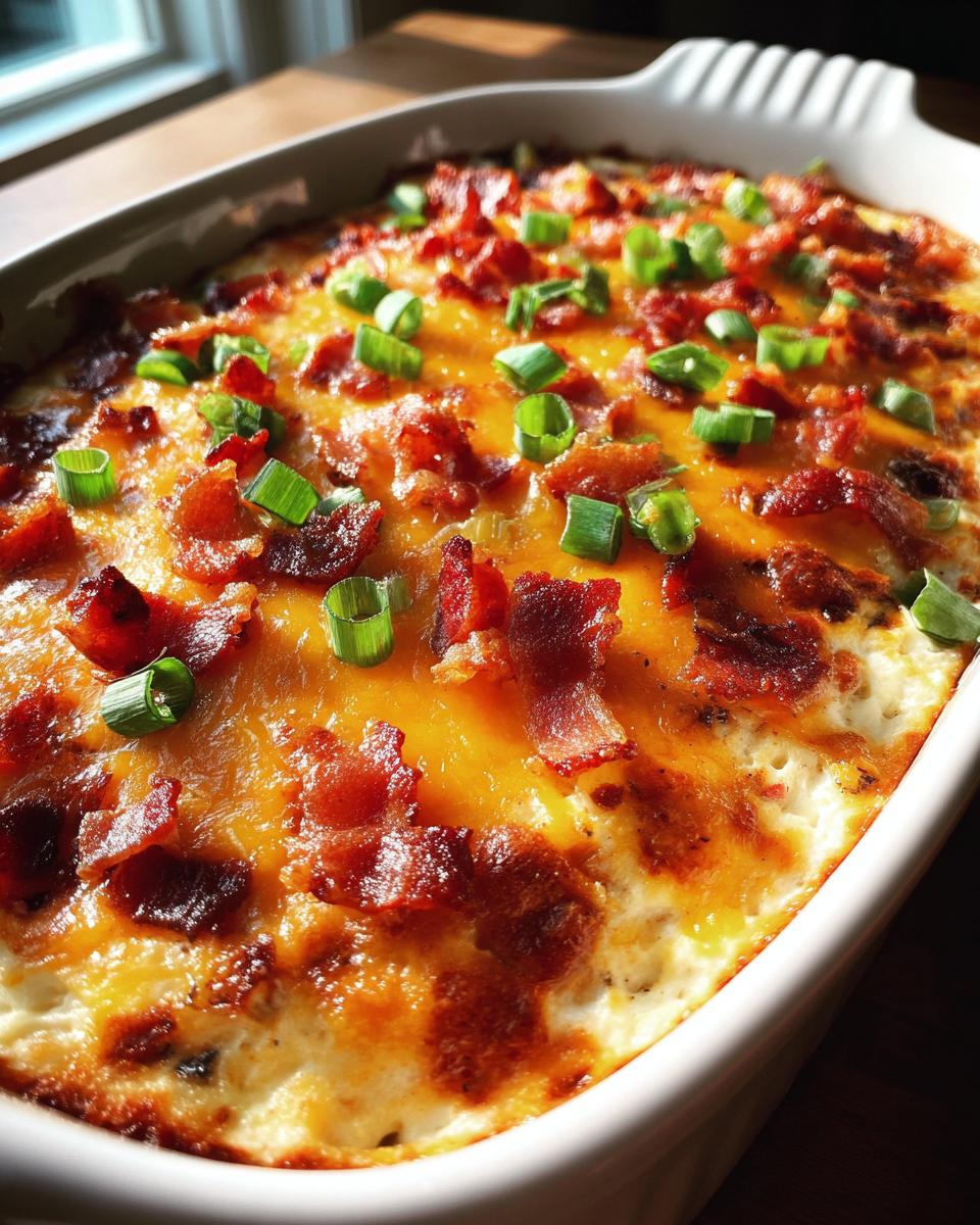 Close-up of super bowl jalapeno popper dip with bacon topped with melted cheese and green onions.