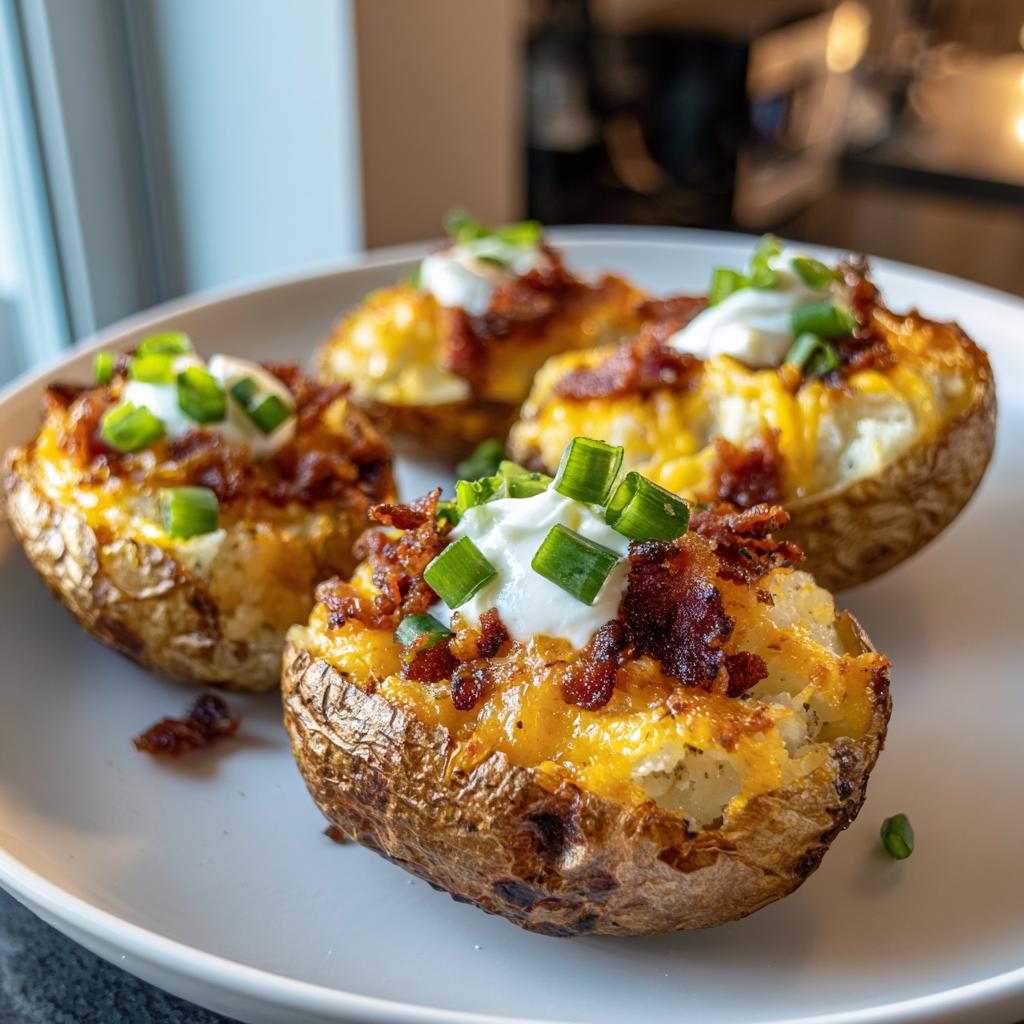 Four super bowl stuffed potato skins appetizer topped with cheese, bacon, sour cream, and green onions on a white plate.