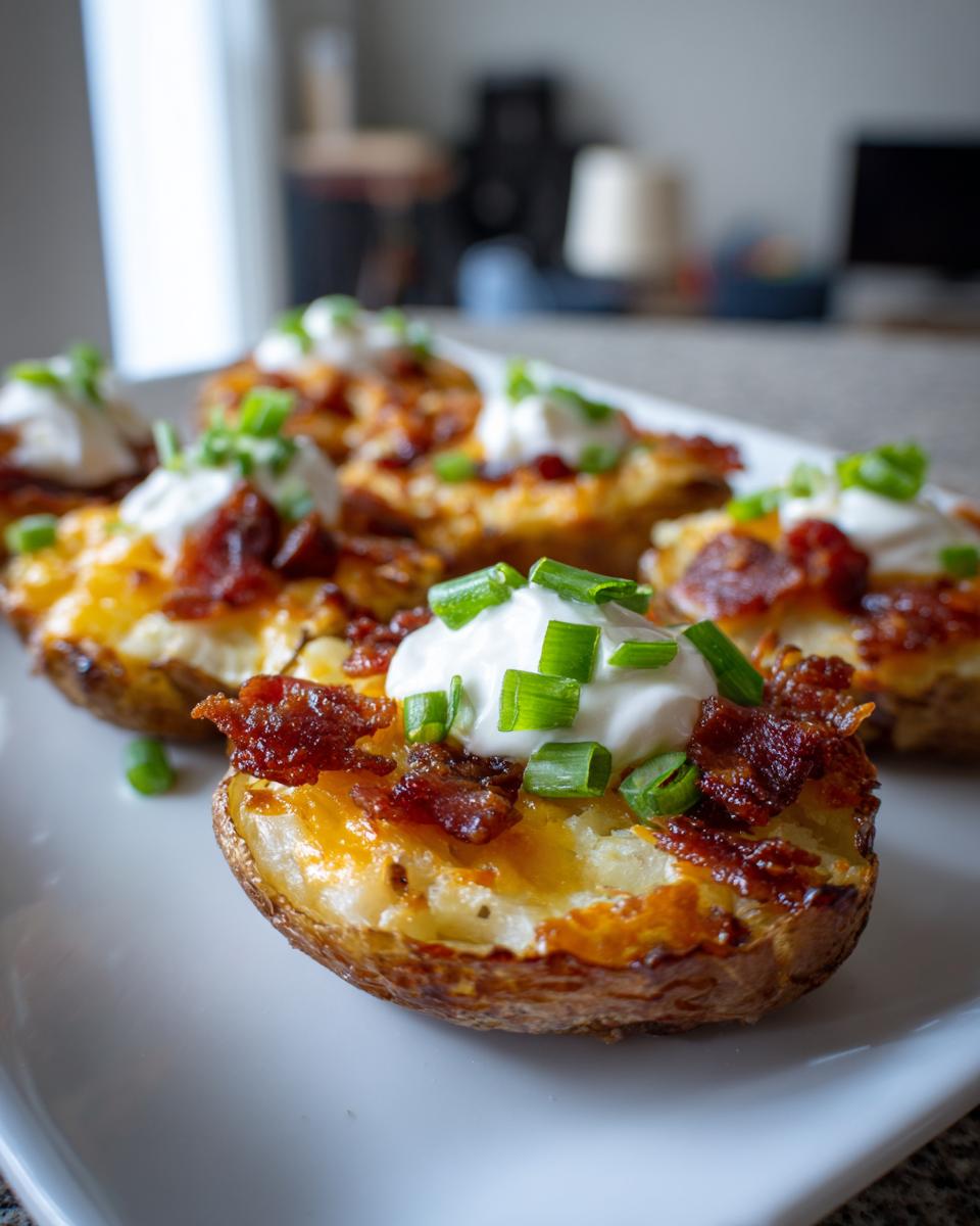 Close-up of super bowl stuffed potato skins appetizer topped with sour cream, bacon, and green onions.