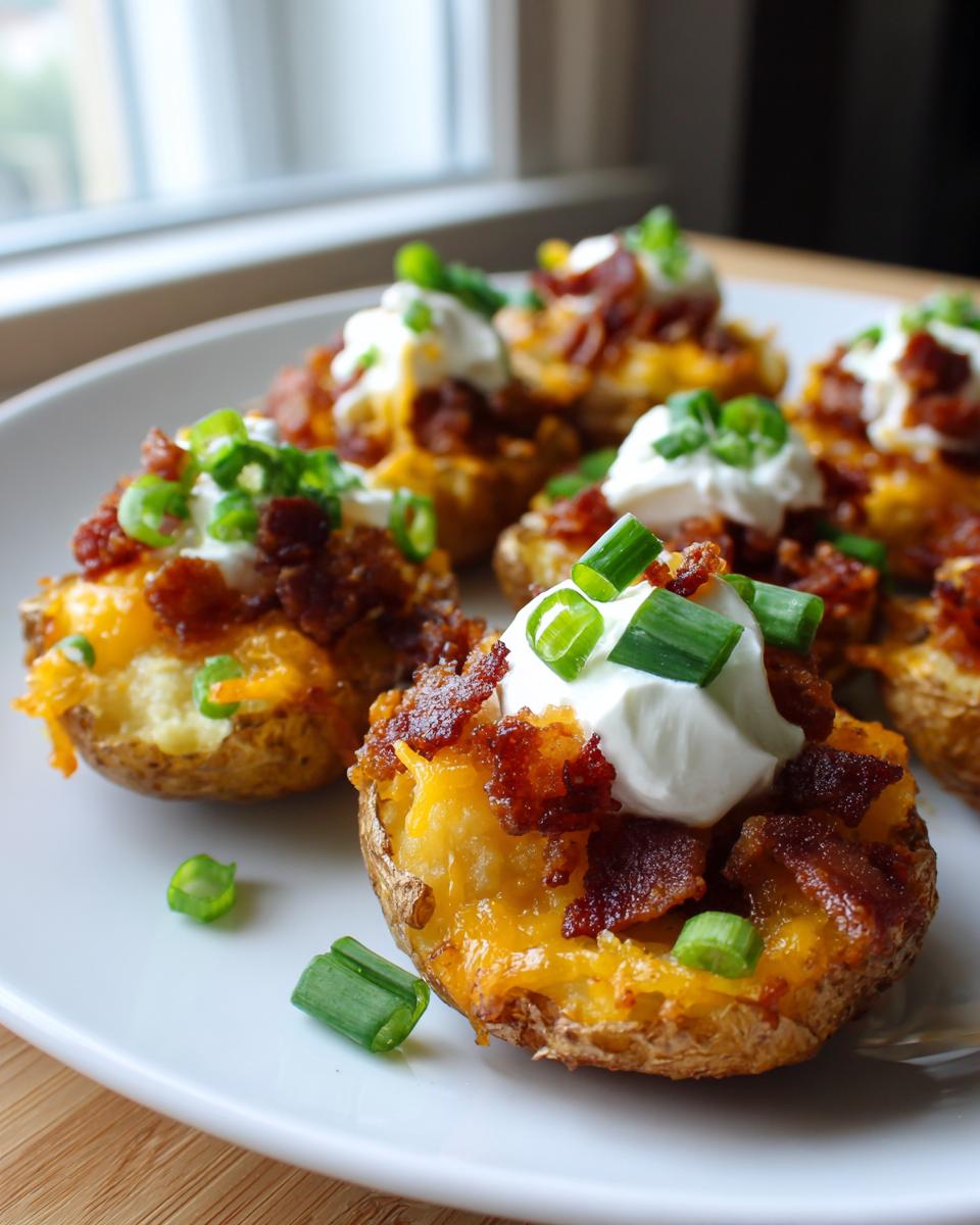 Close-up of super bowl stuffed potato skins appetizer topped with cheese, bacon, sour cream, and green onions.