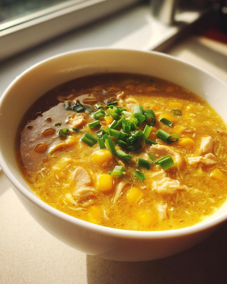 Bowl of sweet corn and chicken soup ramadan garnished with chopped green onions
