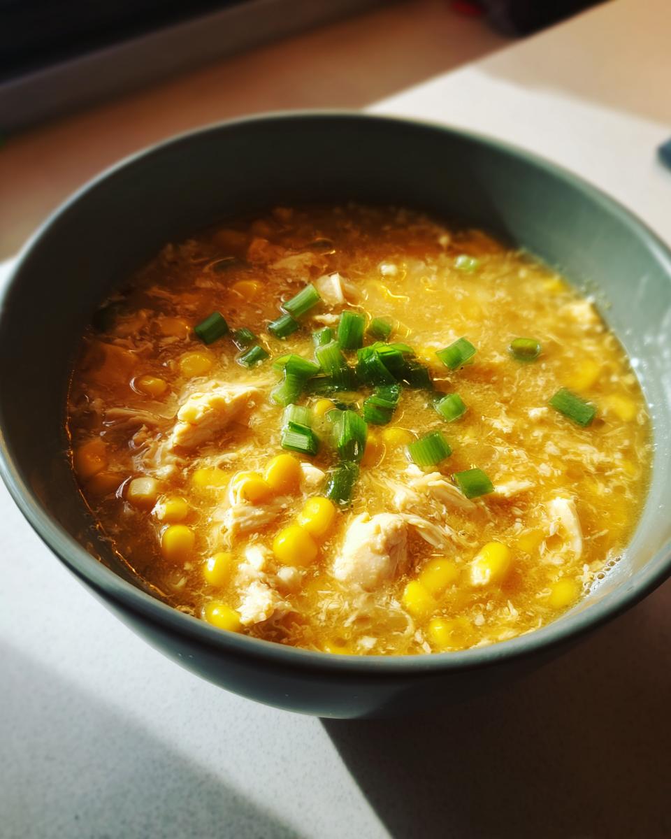 A bowl of sweet corn and chicken soup ramadan garnished with chopped green onions.