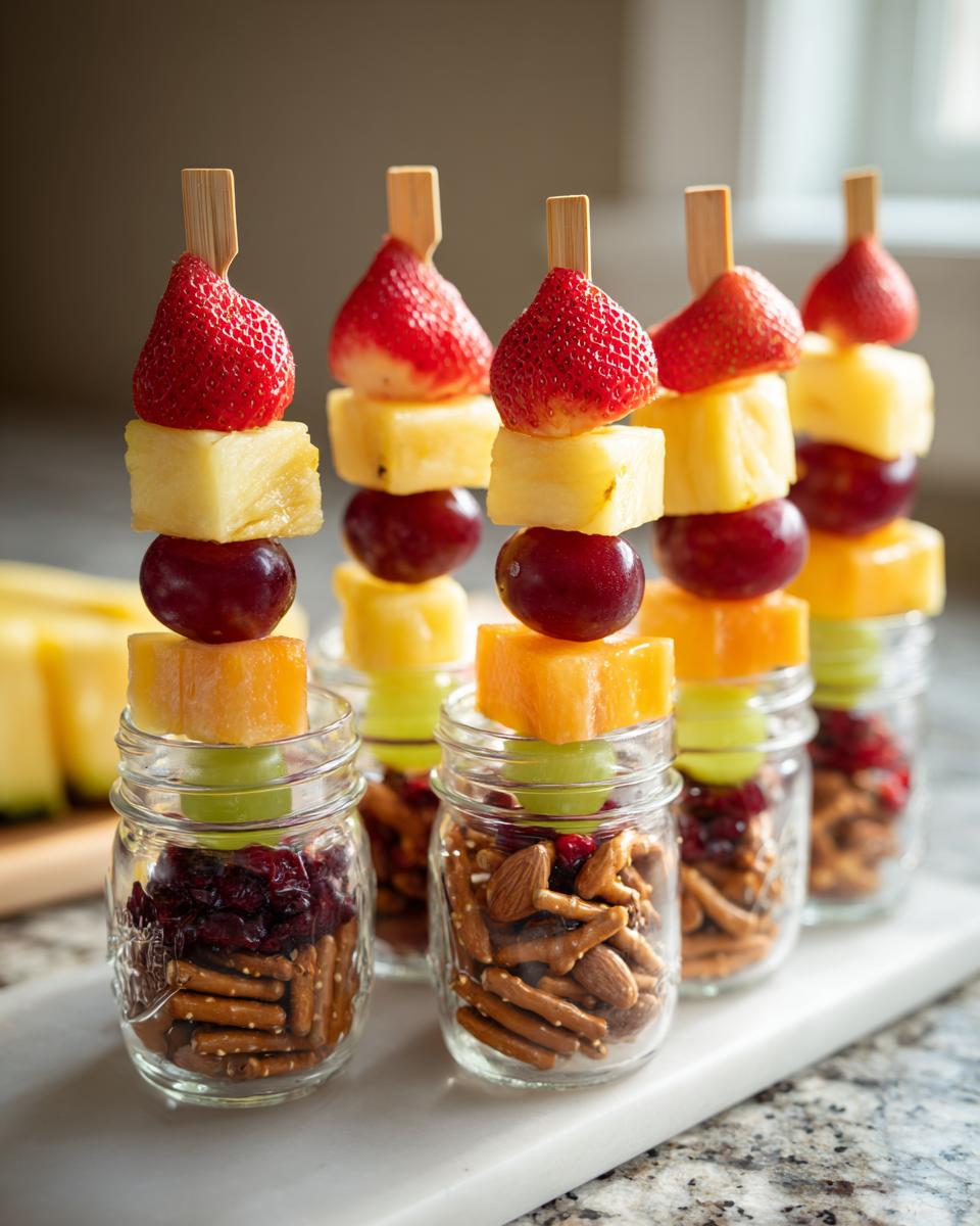 Mini jars filled with pretzels and nuts topped with fruit skewers including strawberries, pineapple, grapes, and cantaloupe.