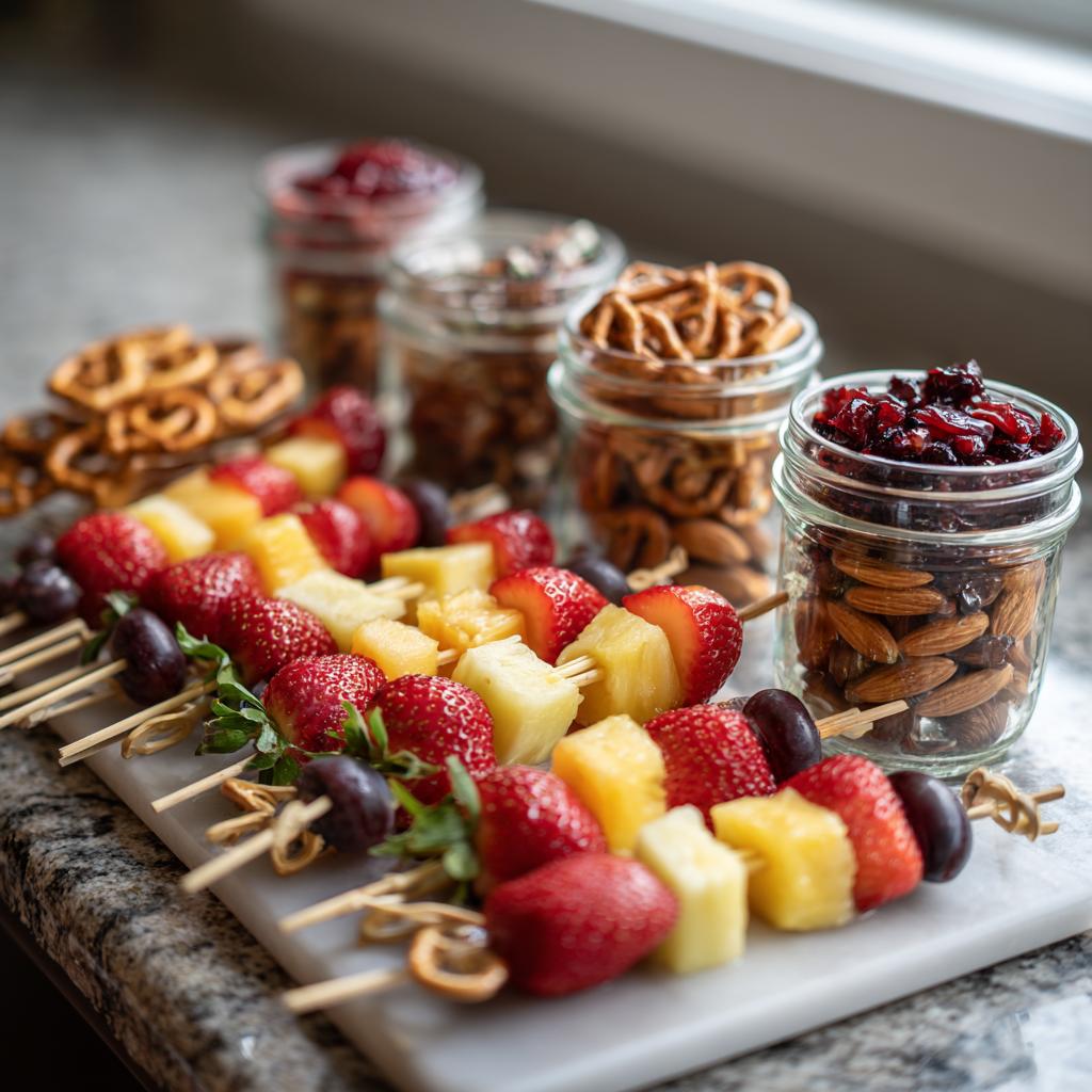 Colorful fruit skewers with strawberries, pineapple, grapes alongside jars of almonds, pretzels, and dried cranberries.