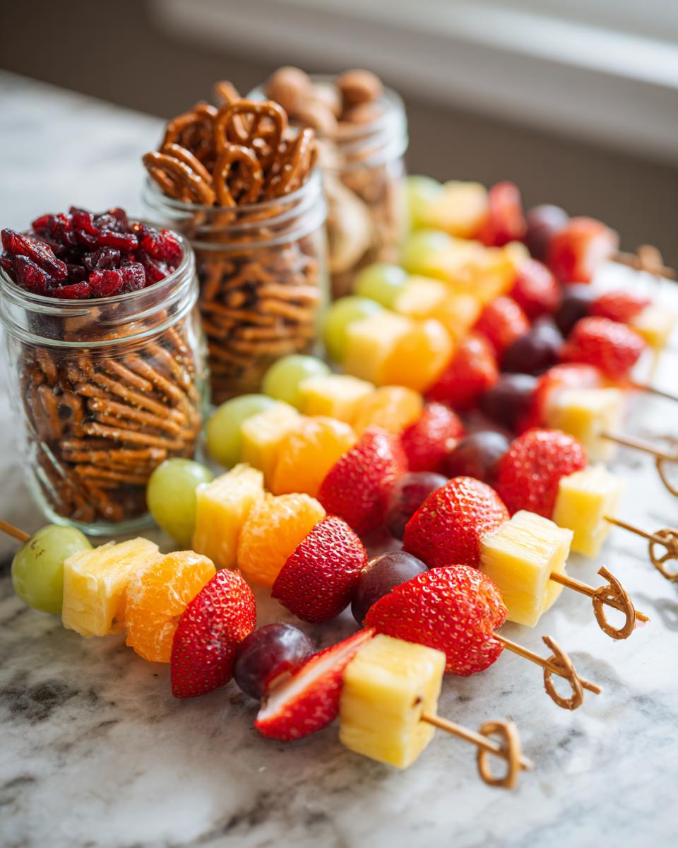 Fruit skewers with strawberries, pineapple, grapes, and jars of pretzels and nuts for teacher appreciation snack ideas