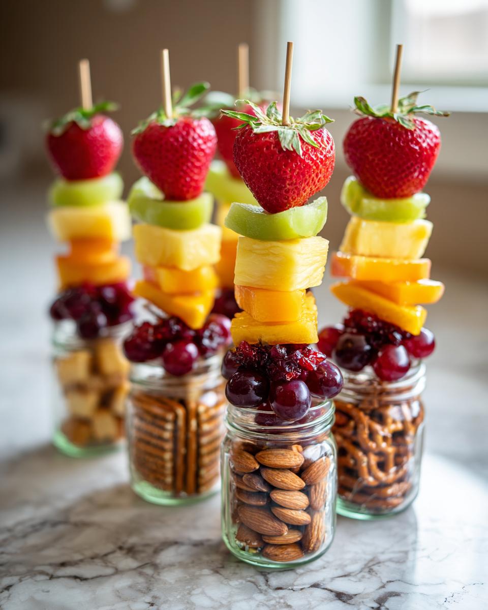Jars filled with almonds, pretzels, and topped with skewers of fresh fruit, a teacher appreciation snack idea.