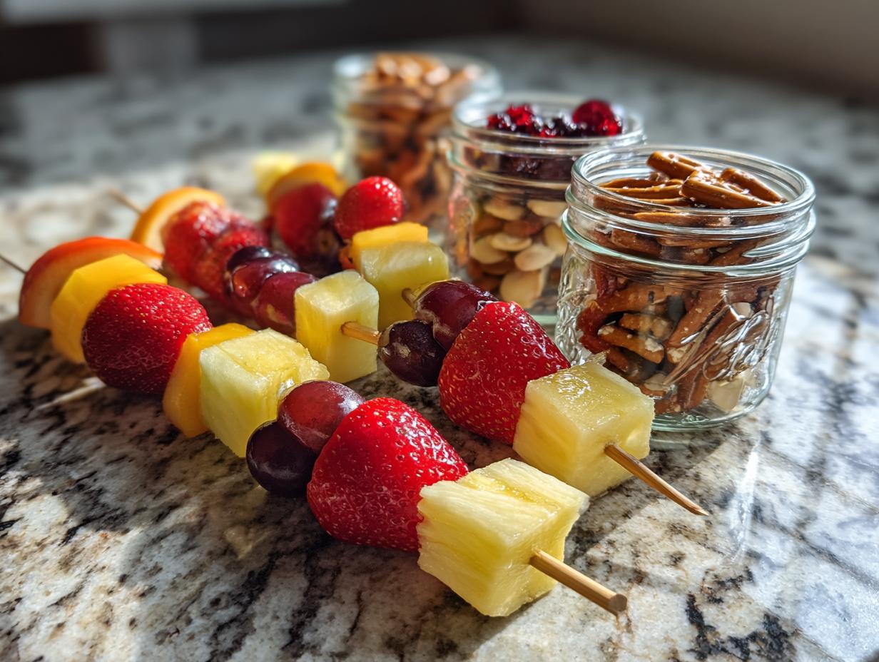 Fruit skewers with strawberries, pineapple, grapes, and jars of pretzels and nuts as teacher appreciation snack ideas