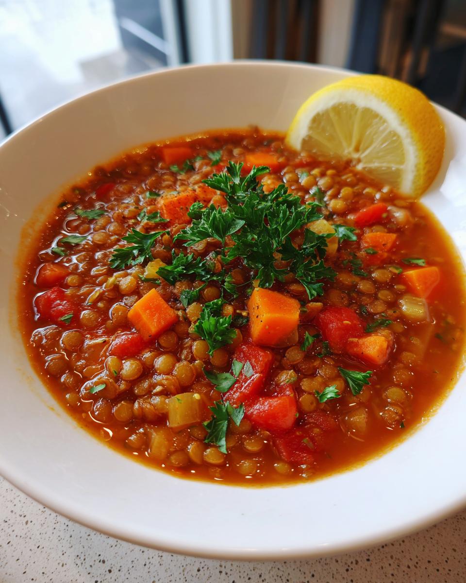 Bowl of tomato lentil soup with vegetables garnished with parsley and a lemon wedge