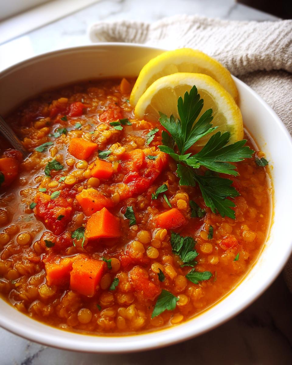Bowl of tomato lentil soup with vegetables garnished with lemon slices and parsley