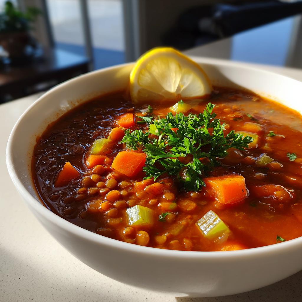 Bowl of tomato lentil soup with vegetables garnished with parsley and lemon slice.