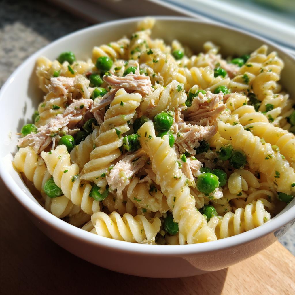 Bowl of tuna pasta salad with peas and light mayo showing rotini pasta, green peas, and tuna flakes.