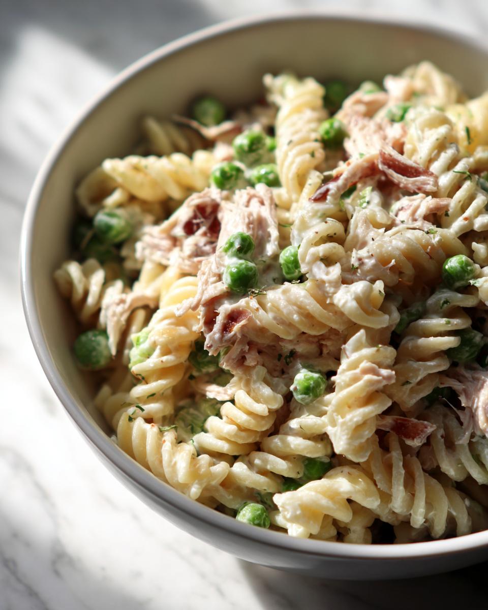 Bowl of tuna pasta salad with peas and light mayo, featuring rotini pasta and shredded tuna.