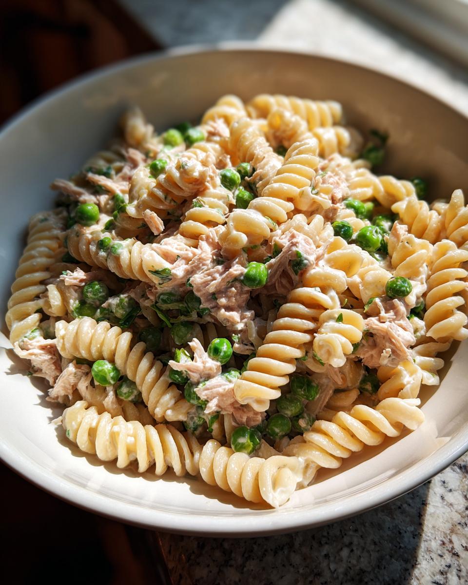 Bowl of tuna pasta salad with peas and light mayo featuring rotini pasta and chunks of tuna