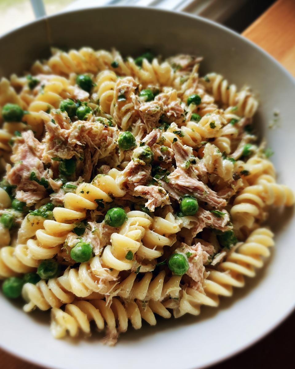 Close-up of tuna pasta salad with peas and light mayo in a white bowl