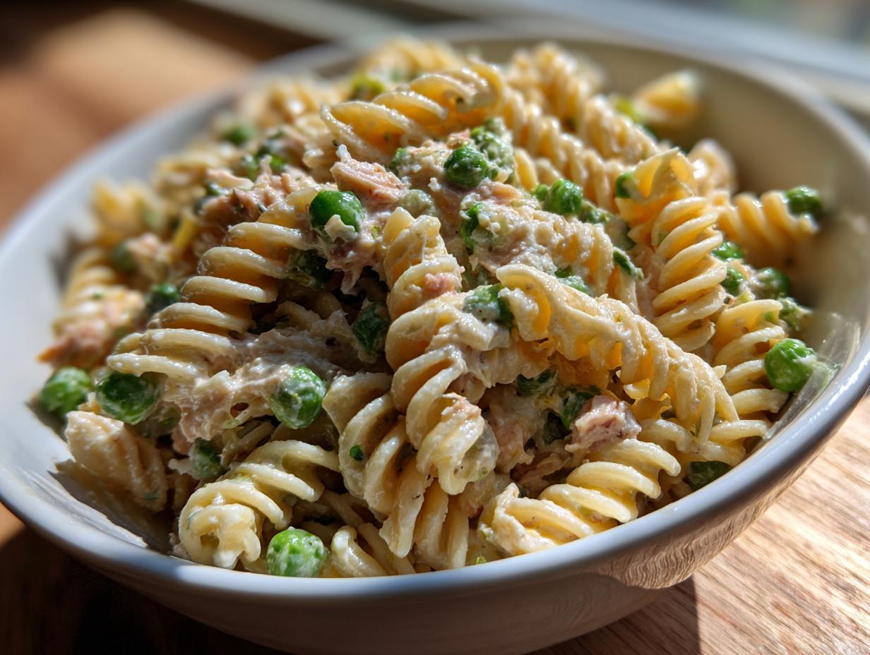 Bowl of tuna pasta salad with peas and light mayo featuring rotini pasta and green peas