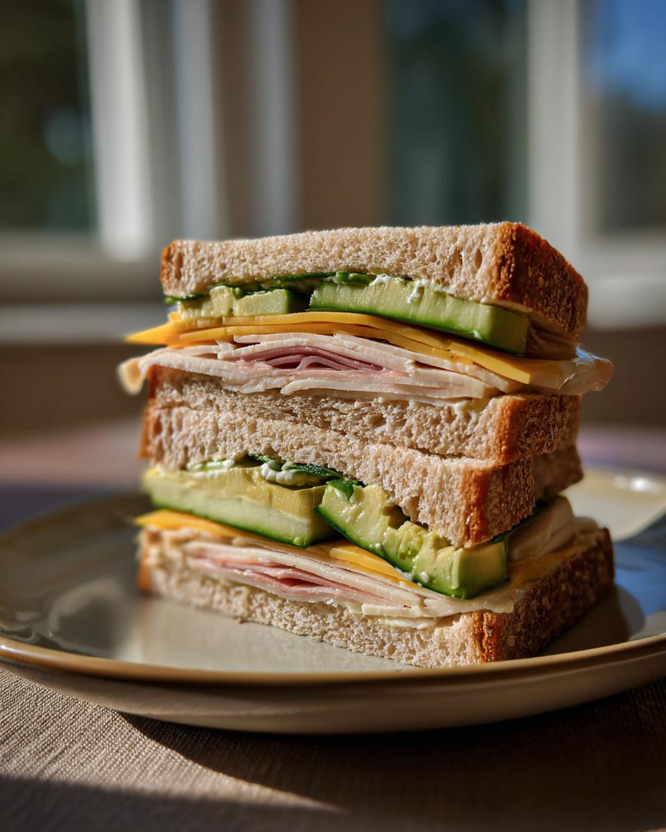 Close-up of a turkey and cheese sandwich with cucumber on whole wheat bread.