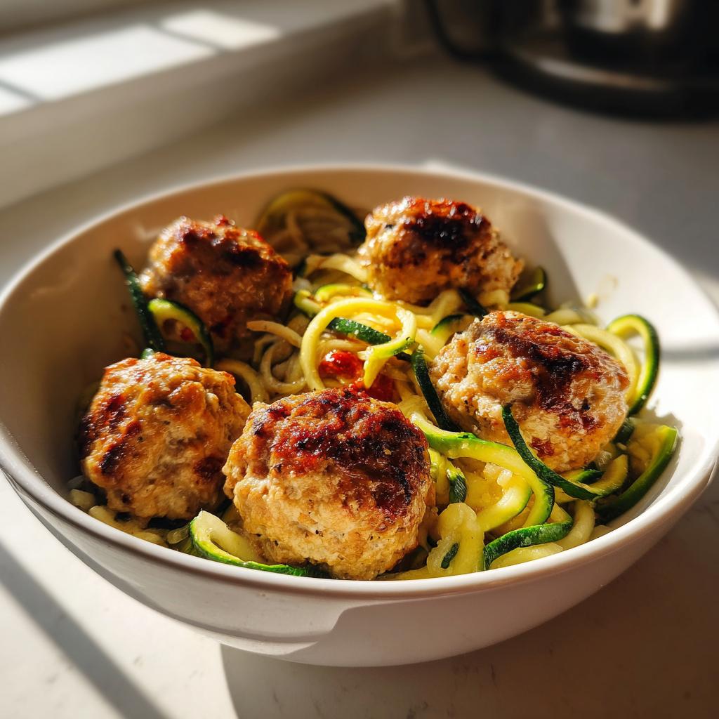 Bowl of turkey meatball and zucchini noodle bowl with five browned meatballs and spiralized zucchini noodles.