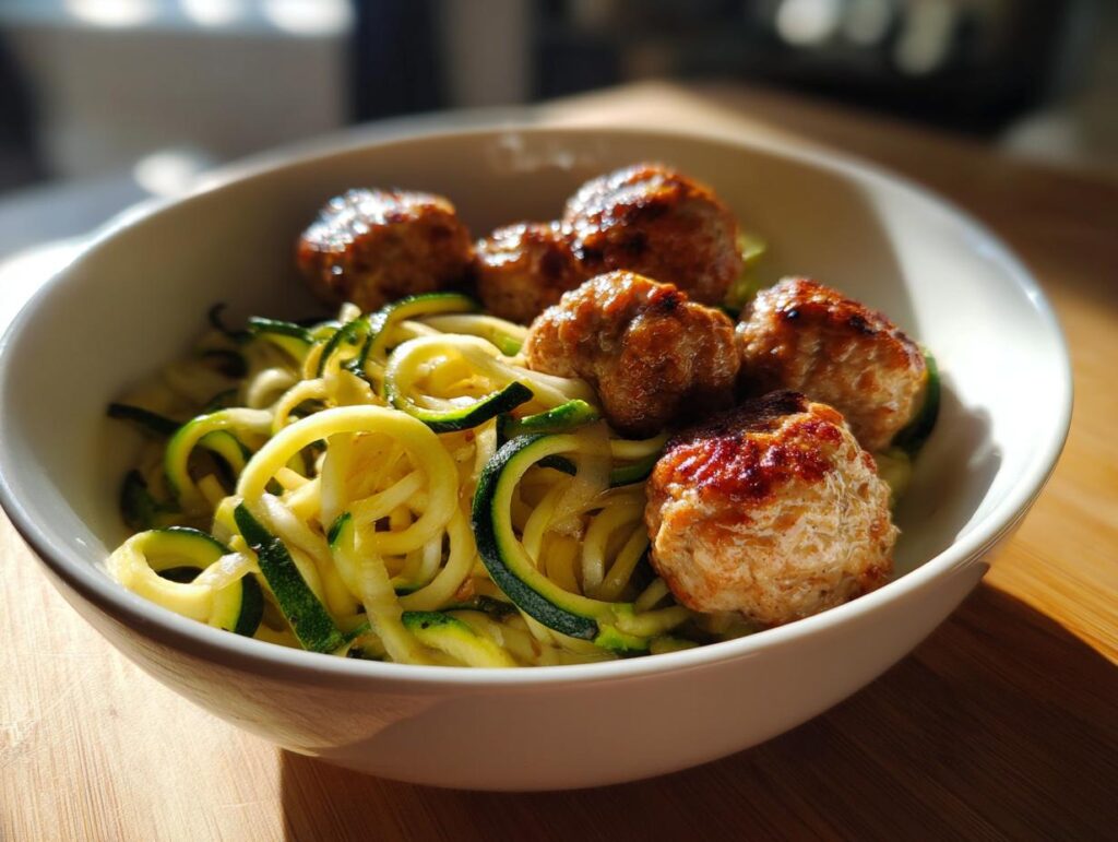 Bowl of turkey meatball and zucchini noodle bowl with golden brown meatballs and spiralized zucchini noodles.