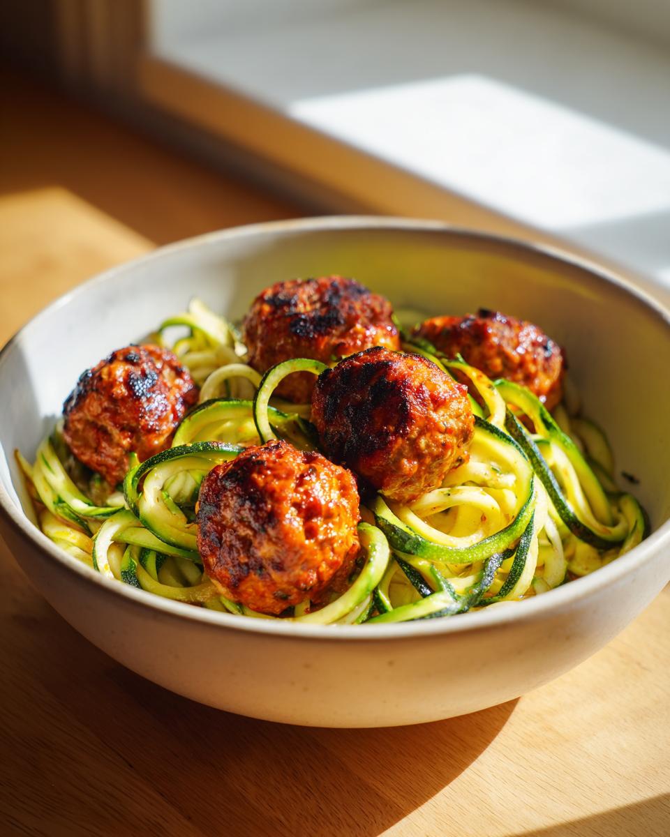 Bowl of turkey meatball and zucchini noodle bowl with five grilled meatballs on spiralized zucchini noodles.