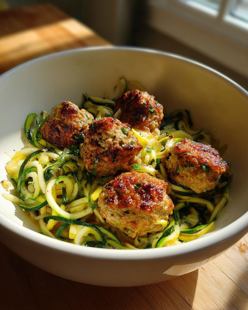 Bowl of turkey meatball and zucchini noodle bowl with five browned meatballs on spiralized zucchini noodles.
