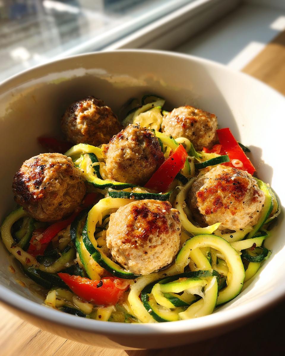 Bowl of turkey meatball and zucchini noodle bowl with red bell peppers in natural light