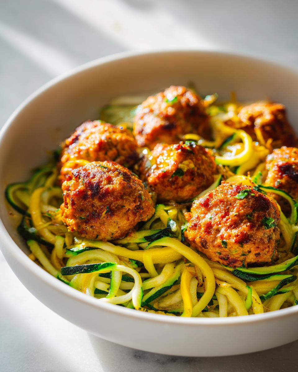 Bowl of turkey meatball and zucchini noodle bowl with golden brown meatballs on spiralized zucchini noodles.