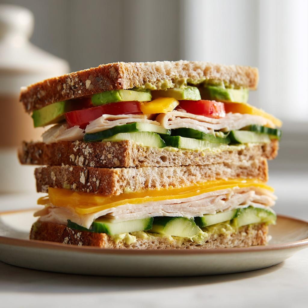 Close-up of a fresh turkey sandwich with avocado, tomato, cucumber, and cheddar on whole grain bread