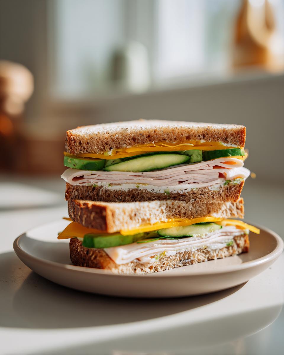 Turkey sandwich with cheese and cucumber on whole grain bread on a plate.