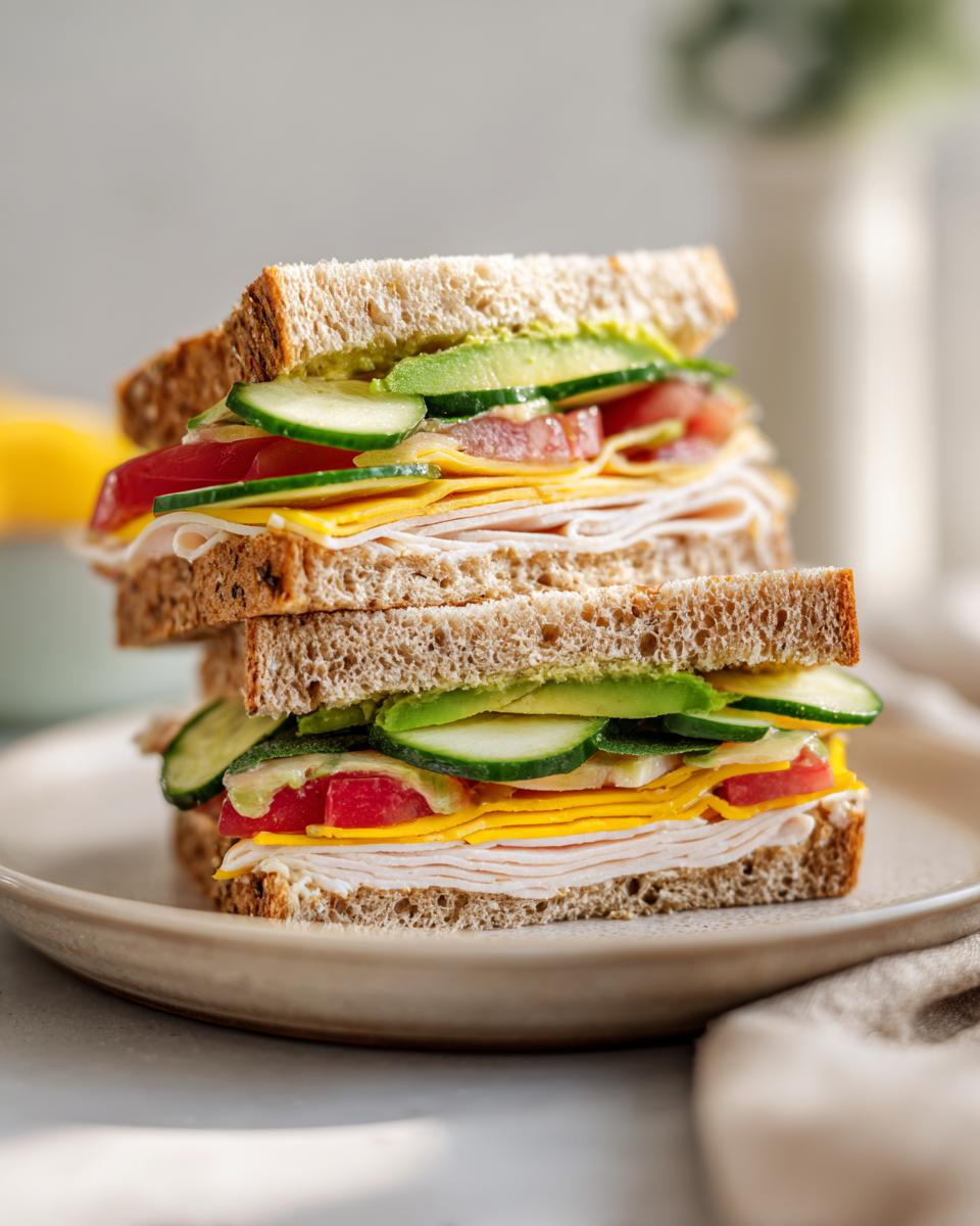 Stacked turkey sandwich with cheddar, cucumber, tomato, and whole wheat bread for spring picnic recipes