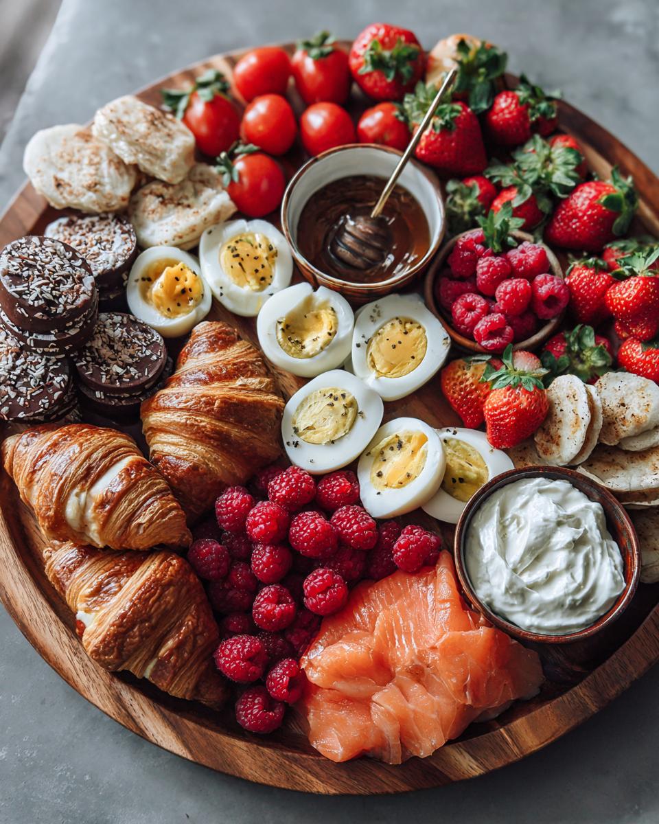 Valentines brunch board with croissants, boiled eggs, smoked salmon, berries, chocolate, and cream cheese.