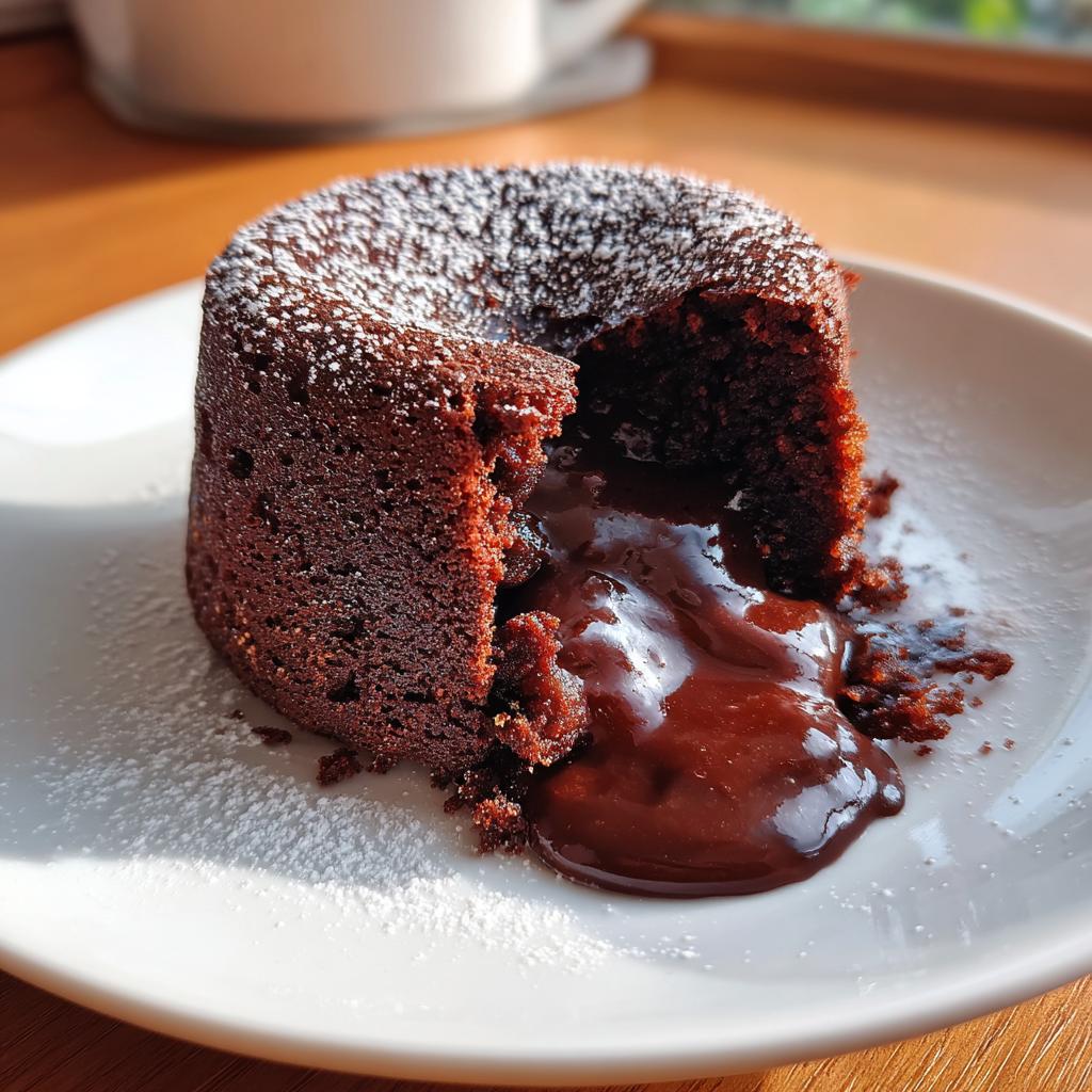 Close-up of a valentines day chocolate lava cake for two with molten chocolate center on a white plate