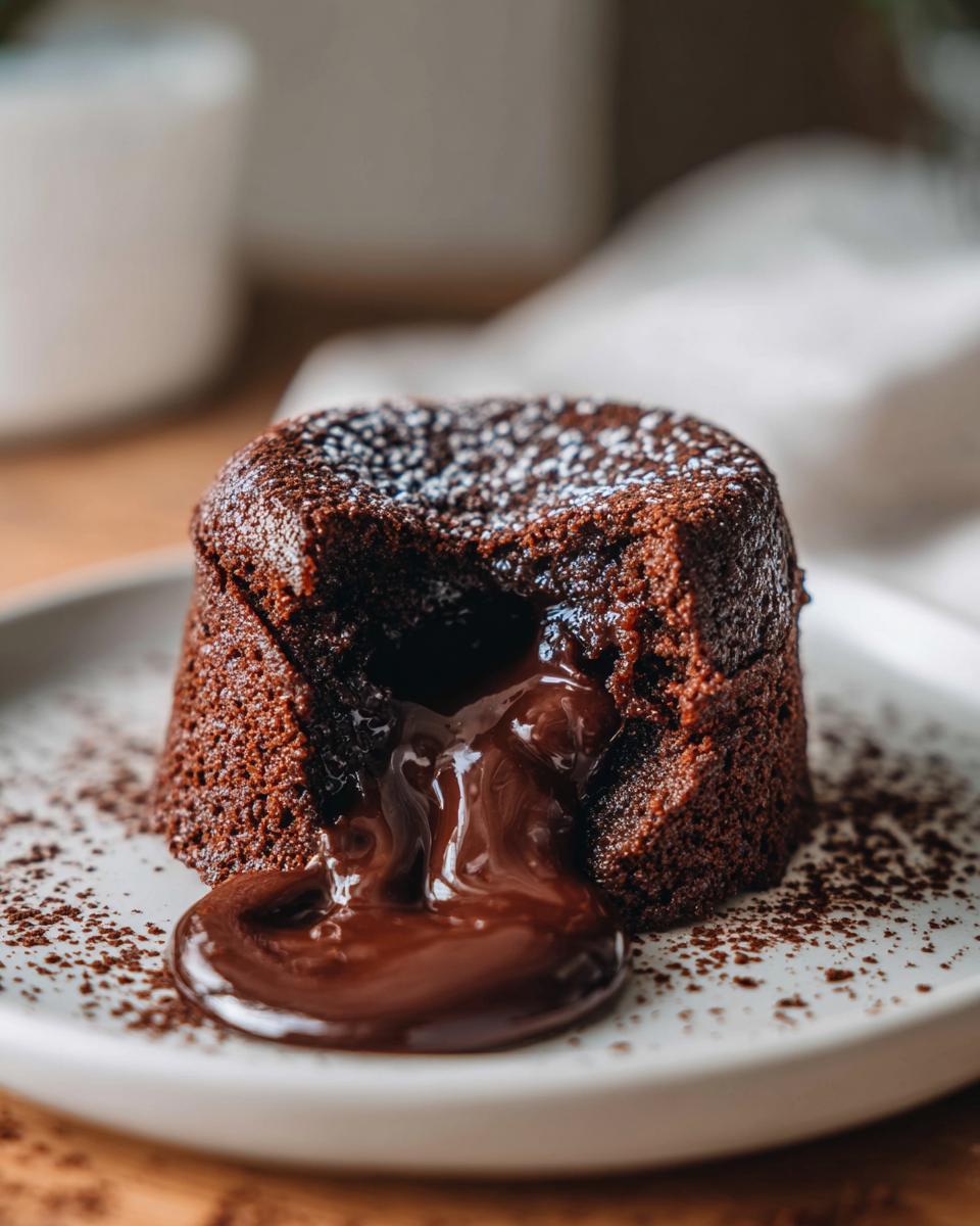Close-up of valentines day chocolate lava cake for two with molten chocolate oozing out