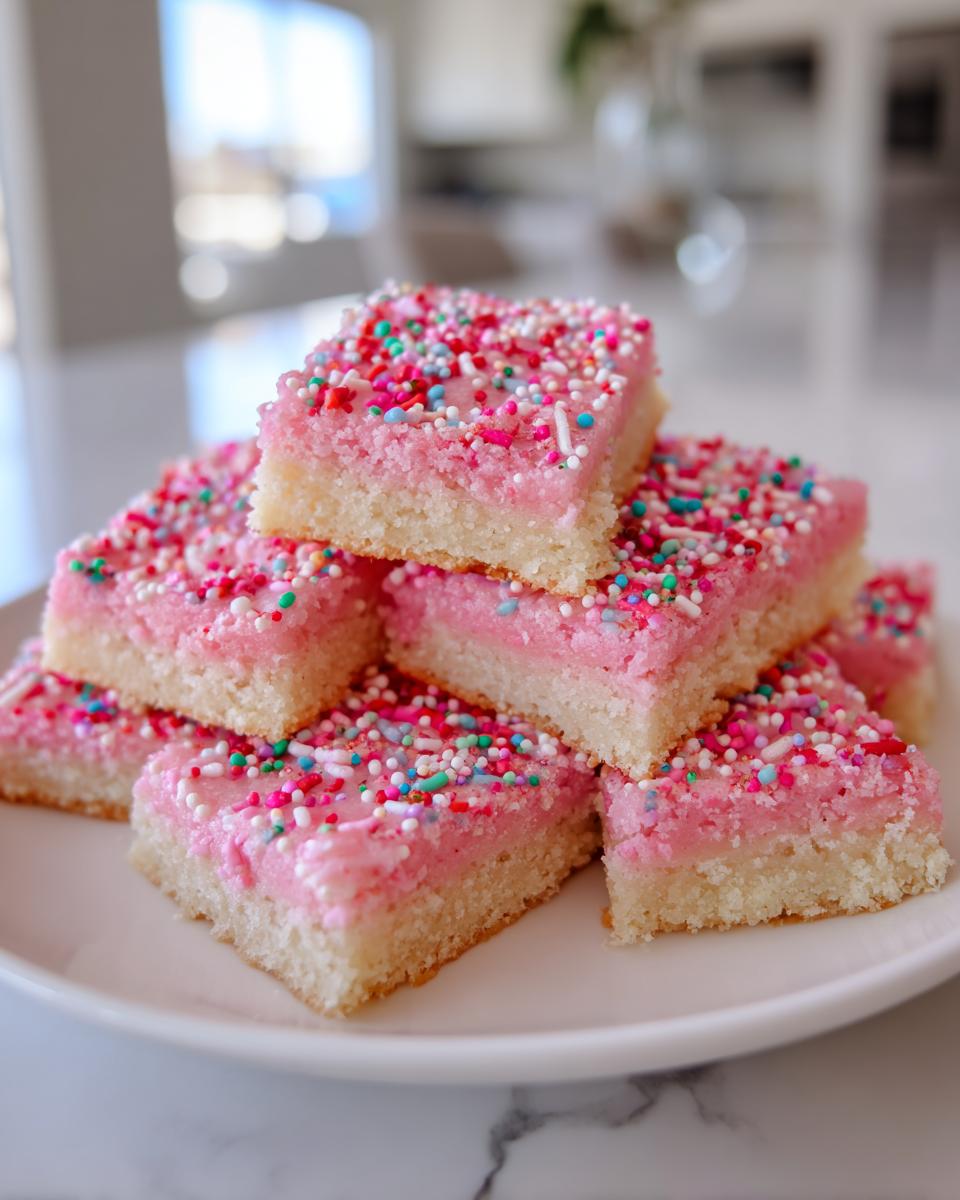 Stack of valentines day pink sugar cookie bars with colorful sprinkles on white plate.